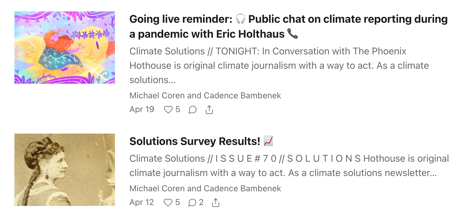 Screen shot of current Hothouse Solutions stories on Substack