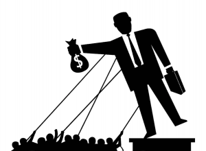 Illustration of man in suit holding bag of money, being pulled to the ground by protesters