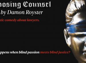 Film poster with black background with an image of a sculpture of the  lady of justice with the American Flag over her eyes 