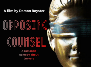 Film poster with black background with an image of a sculpture of the  lady of justice with the American Flag over her eyes 