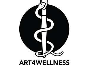 Black background, at the center  a white snake wrapped around a white paint brush 